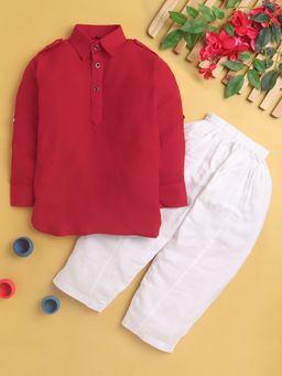 Jeetethnics - Red Solid Regular Pathani Kurta with Pyjama