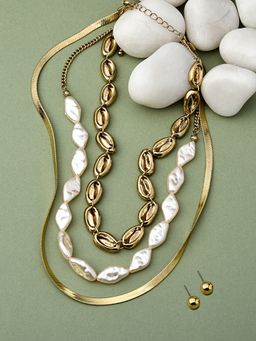 Zaveri Pearls - Gold Tone Classy Cowrie Sell Necklace Studs Earring Set