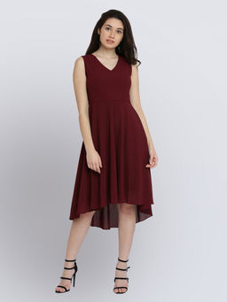 Miss Chase - Women's Wine Red V-Neck Sleeveless Solid High-Low Midi Skater Party Dress
