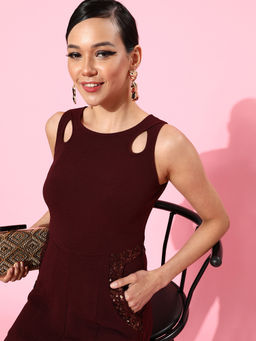 Miss Chase - Women Wine Embellished Slim Fit Round Neck Regular Length Bell Bottom Jumpsuit