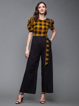 Miss Chase - Women's Black & Mustard Round Neck Cowl Sleeve Checkered Jumpsuit