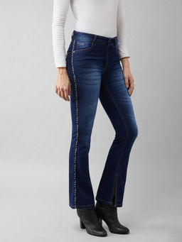 Miss Chase - Womens Blue Cotton Fit & Flare Mid Rise Regular Stretchable Denim Jeans