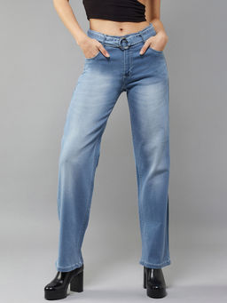 Miss Chase - Womens Blue Cotton Wide Leg Mid Rise Regular Stretchable Denim Jeans