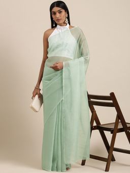 Akhilam - Womens Organza Green Solid Celebrity Saree with Unstitched Blouse