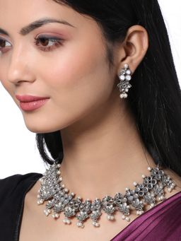 VIRAASI - Antique Oxidised Silver Pearl Mirror Work Ethnic Choker Necklace with Earring (Set of 2)