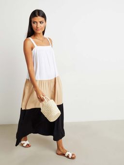 Styli - Multi-color Colorblock Square Neck Smock Maxi Dress