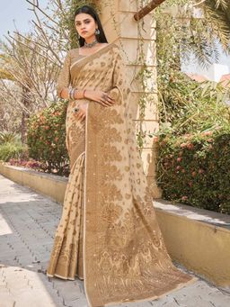 Odette - Womens Beige Cotton Woven Design Saree with Unstitched Blouse
