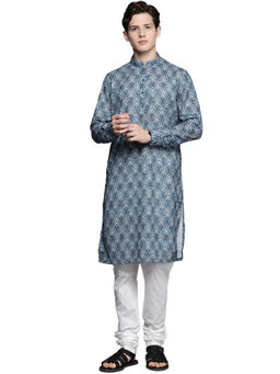 Manyavar - Blue Cotton Blend Casual Printed Kurta
