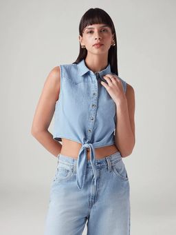 Levi's - Blue Solid Regular Fit Denim Crop Top