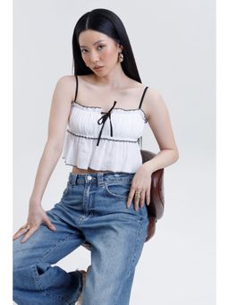 COLOR CAPITAL - White Bow Trim Crop Top