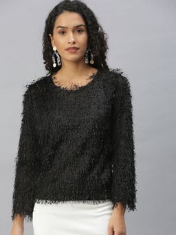 SHOWOFFFF - Black Round Neck Solid Black Regular Top