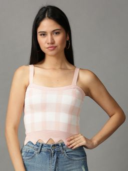 SHOWOFFFF - Pink Shoulder Straps Fitted Checked Pink Crop Top