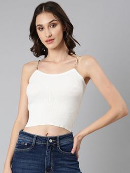 SHOWOFFFF - Off White Solid Shoulder Straps Off White Fitted Crop Top