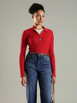 Tommy Hilfiger - Red Slim Fit Cotton Spread Neck Top