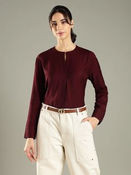 Tommy Hilfiger - Maroon Relaxed Fit Viscose Round Neck Top
