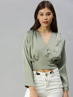 SHOWOFFFF - Green V-Neck Solid Green Regular Crop Top