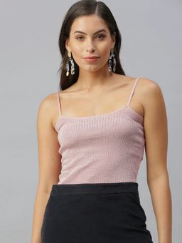SHOWOFFFF - Pink Shoulder Straps Embellished Regular Top