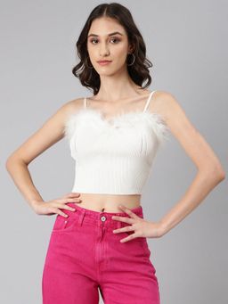 SHOWOFFFF - Off White Solid Shoulder Straps Off White Crop Top