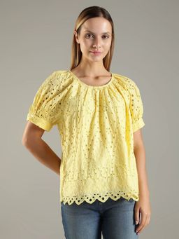 Tommy Hilfiger - Yellow Regular Fit Cotton Round Neck Top