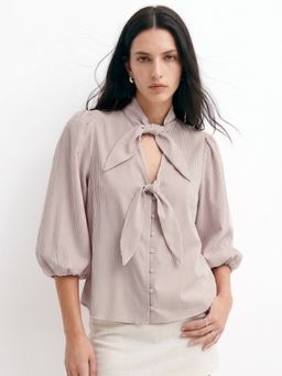 Outzidr - Nude Puff Sleeve Neck Tie-Up Top