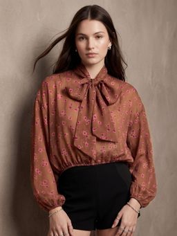 Outzidr - Brown Asymmetrical Hem Neck Blouse