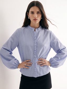 Outzidr - Blue Ruffle Edge Detail Blouse