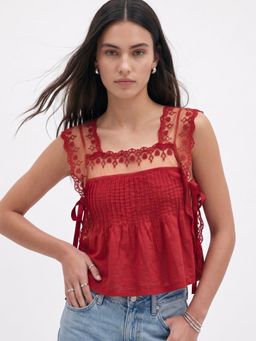 Outzidr - Red Lace Detail Side Tie-Up Top