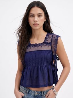 Outzidr - Blue Lace Detail Side Tie-Up Top