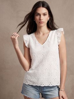 Outzidr - White Ruffle Sleeve Schiffli Top