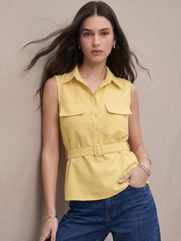 Outzidr - Yellow Sleeveless Waist Belted Top