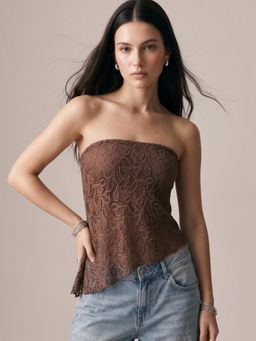 Outzidr - Brown Tube Asymmetric Lace Top