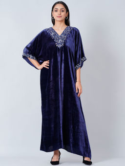First Resort by Ramola Bachchan - Navy Blue Hand Embroidered Silk Velvet Full Length Kaftan