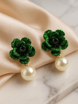 Estele - Stylish Rose Gold Green Crystal Floral Pearl Drop Earrings