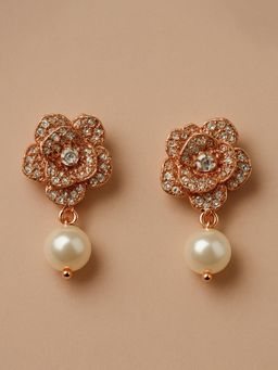 Estele - Sparkling Rose Gold Floral Earrings with Dangling Pearl|Ethnic & Occasion Wear
