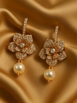 Estele - Rose Gold Plated Floral Pearl Drop Earrings for Women|Daily Office to Party Style