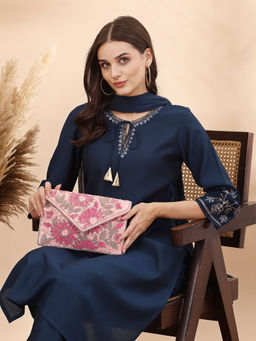 Anekaant - Lush Flamingo Pink, Magenta & Pale Gold Floral Embellished Satin Sling Bag