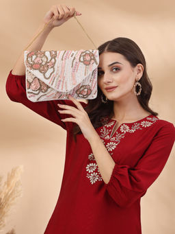 Anekaant - Lush White , Pastel Pink & Gold Embellished Cotton Canvas Sling Bag