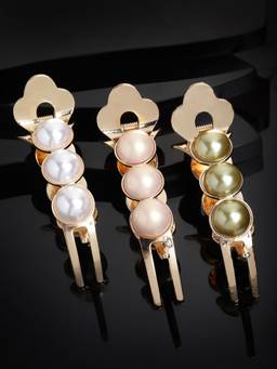 PANASH - Women Gold-Toned Pearl Alligator Hair Pins Set of 3