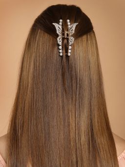 PANASH - Women Gold-Plated Pearls & Ad Stone Butterfly Claw Hair Clip