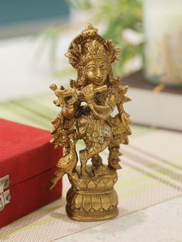 HomeTown - Tirth Brass Krishna with Bansuri Small Figurine By Arooti