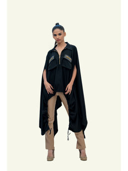 Richaa Goenka - Black Embellished Pockets Drawstring Cape Shirt