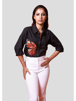Richaa Goenka - Black Comfort Fit Sequin Embellished Cotton Shirt