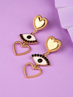 Lilly & Sparkle - Gold Toned Black Enameled Heart And Evil Eye Dangler Earrings