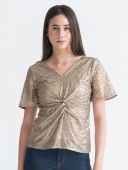 SHAYE - V-Neck Sequin Short Sleeves Party Beige Top