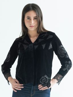 SHAYE - V-Neck Embroidered Full Sleeves Party Black Top