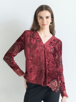 SHAYE - V-Neck Embroidered Full Sleeves Party Maroon Top