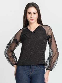 SHAYE - V-Neck Embroidered Full Sleeves Party Black Top
