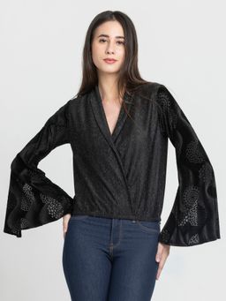 SHAYE - Shawl Collar Solid Full Sleeves Party Black Top