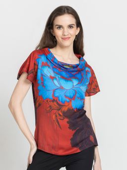 SHAYE - Cowl Neck Floral Print Short Sleeves Party Red Top