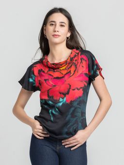 SHAYE - Cowl Neck Floral Print Short Sleeves Party Black Top